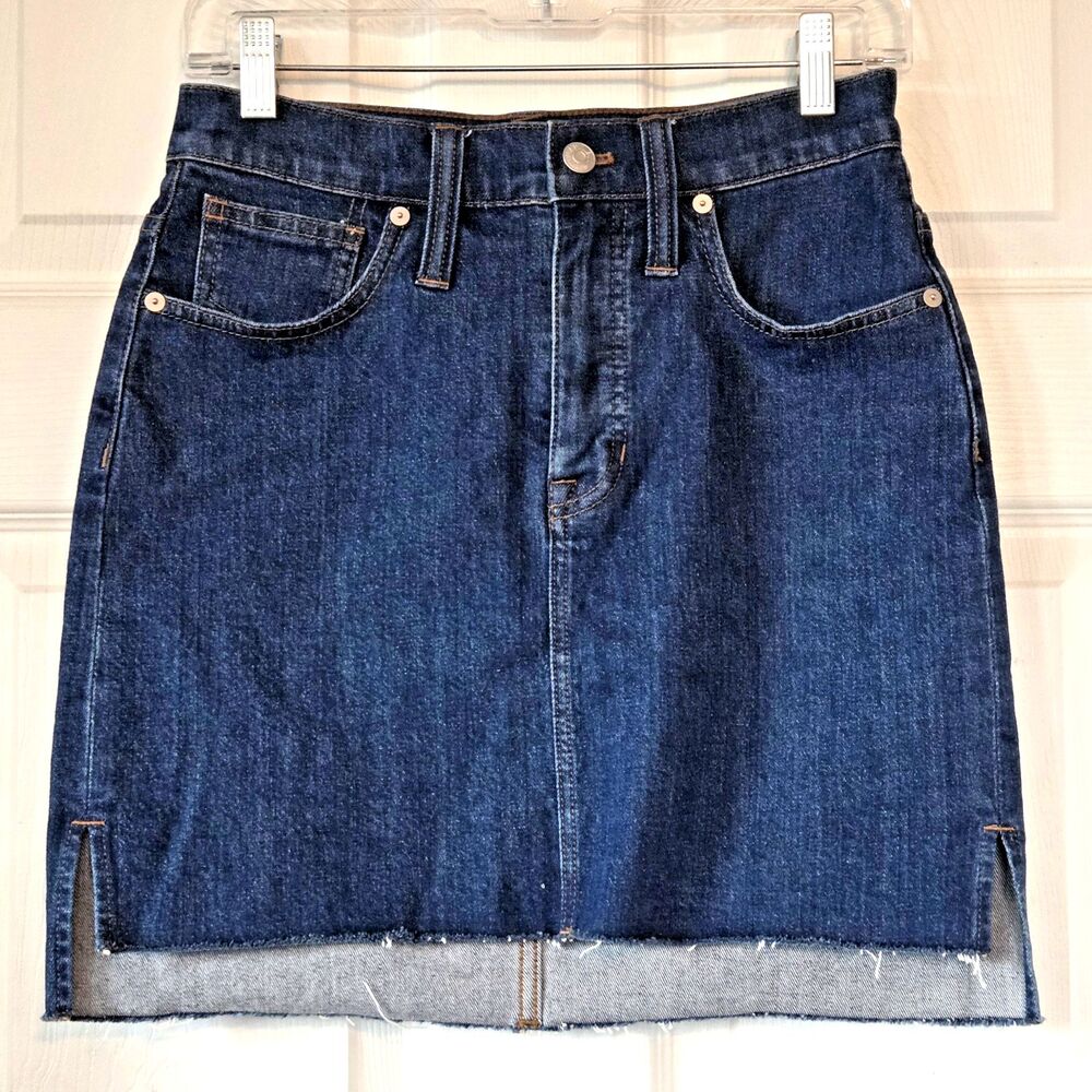 MADEWELL Women's Blue Denim Straight Mini Jean Skirt Stretch Raw Hem Size 25